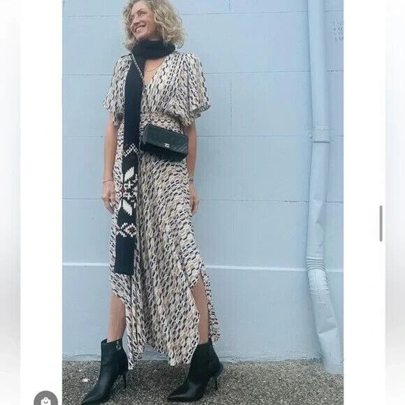 MAJE Rachelli Shirred Printed Crepe De Chine Midi Dress Light Blue Beige… - Picture 4 of 11